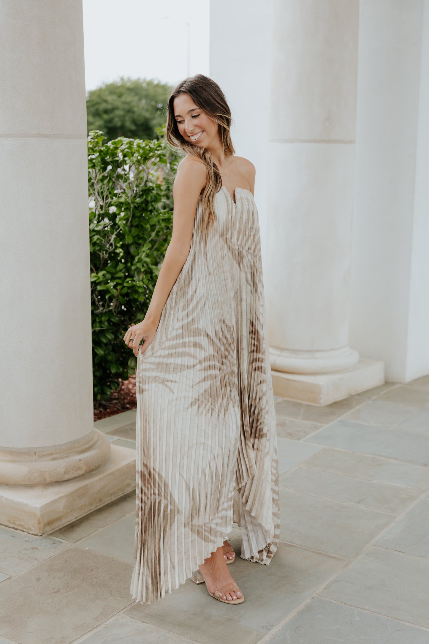 Sandstone Palm Pleated Strapless Dress