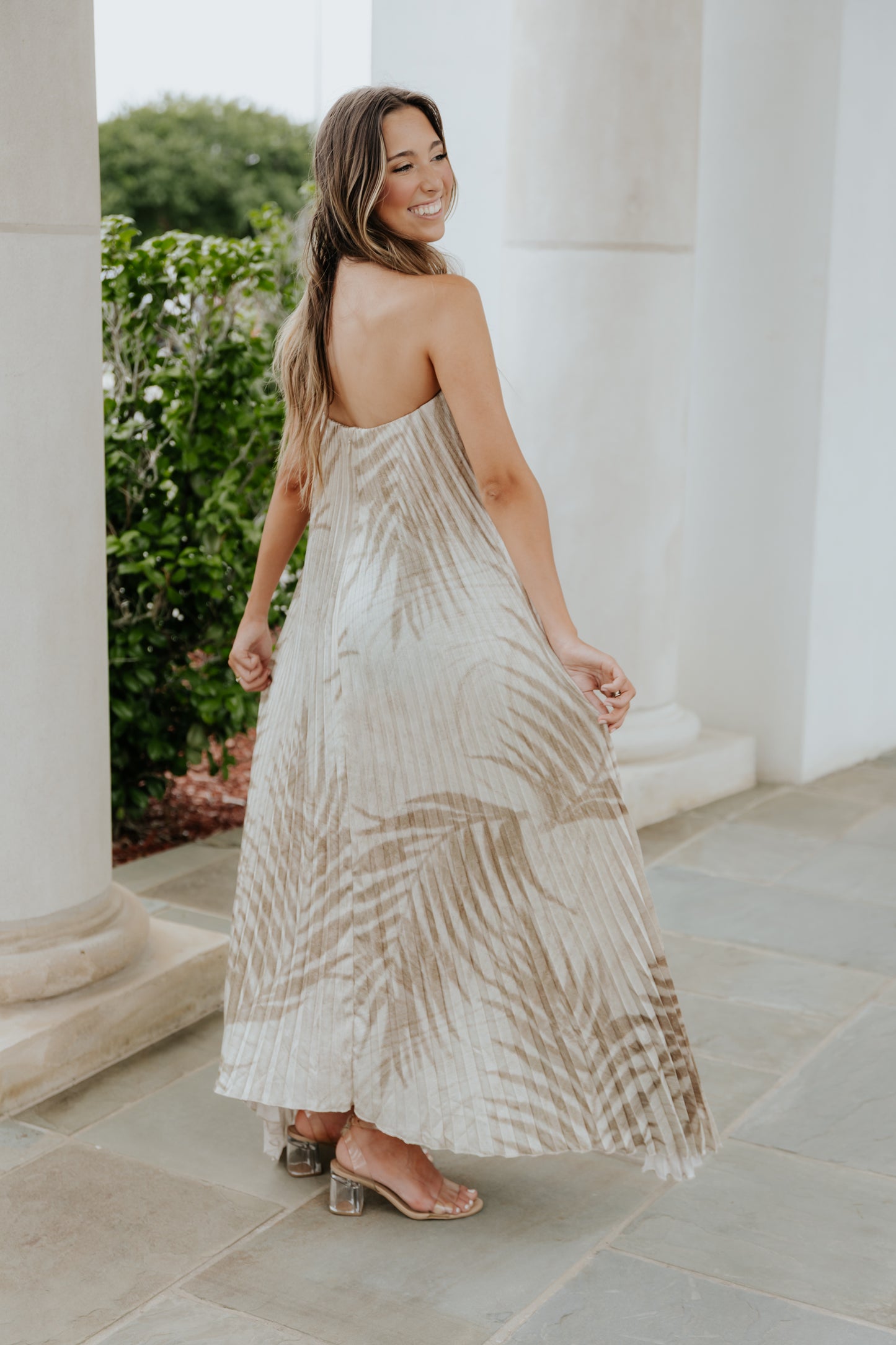 Sandstone Palm Pleated Strapless Dress