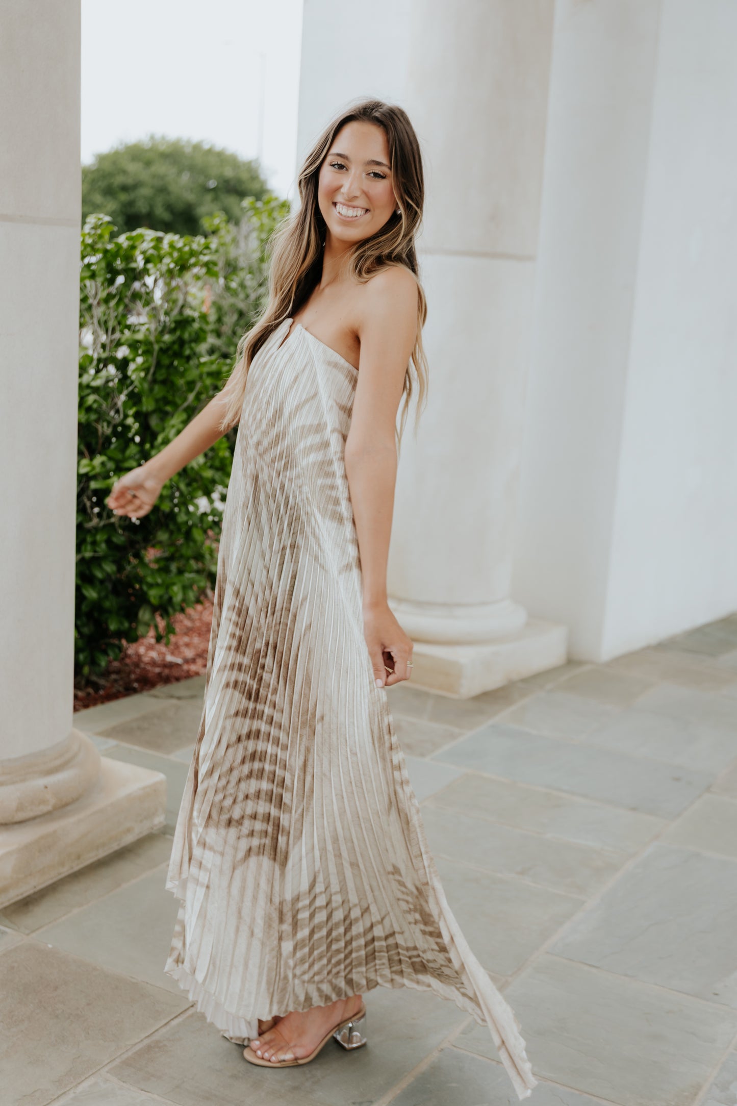 Sandstone Palm Pleated Strapless Dress