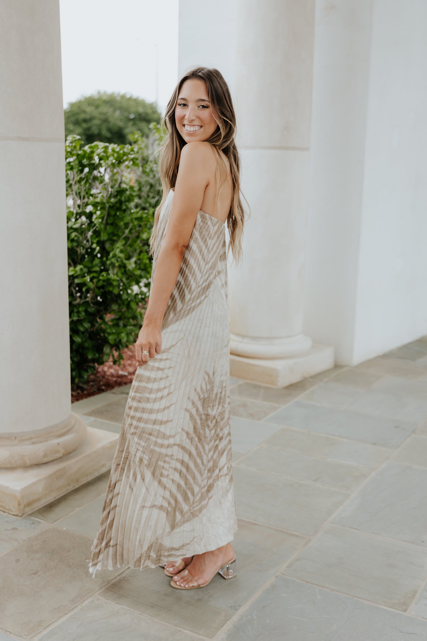Sandstone Palm Pleated Strapless Dress