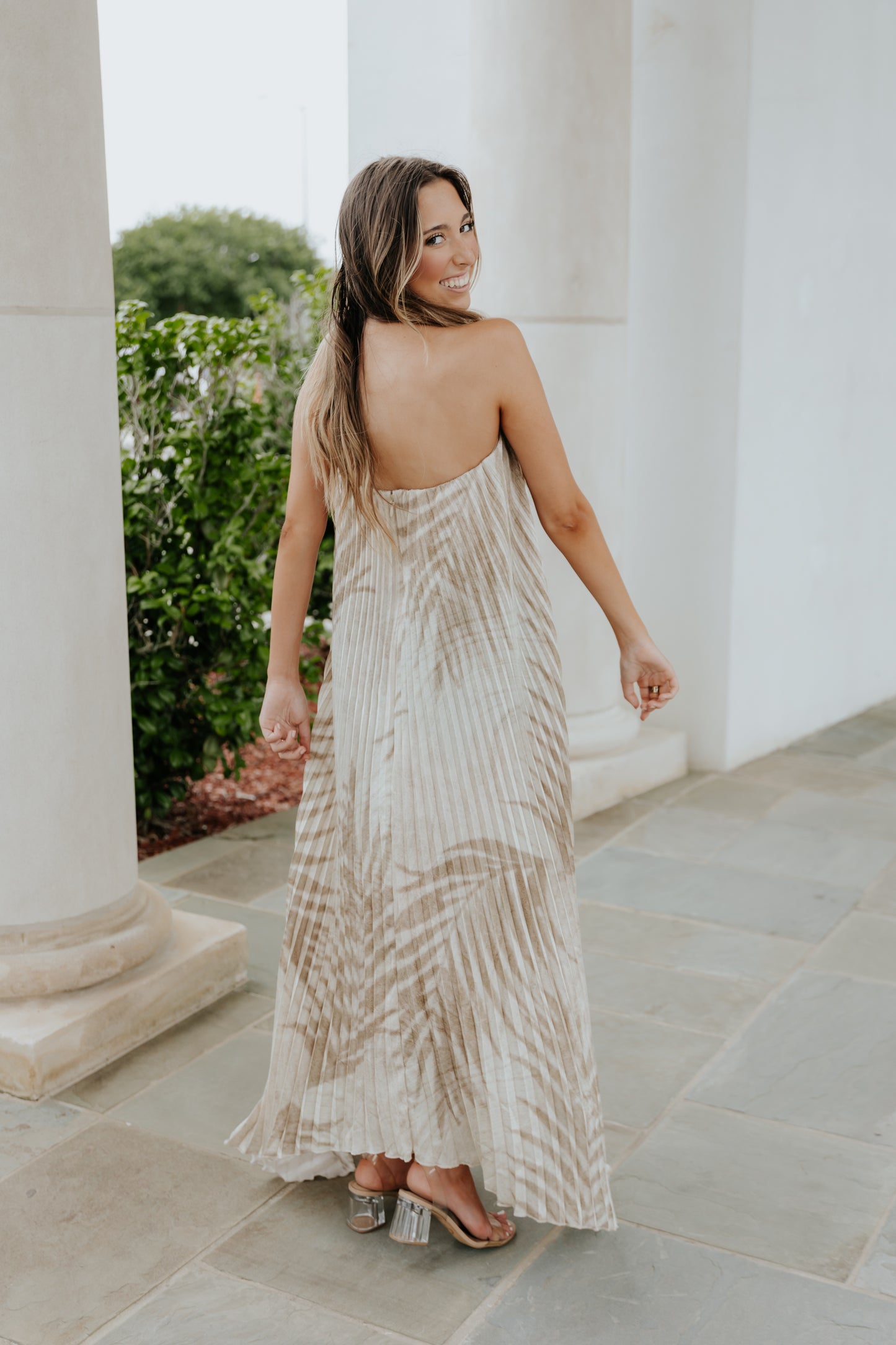 Sandstone Palm Pleated Strapless Dress