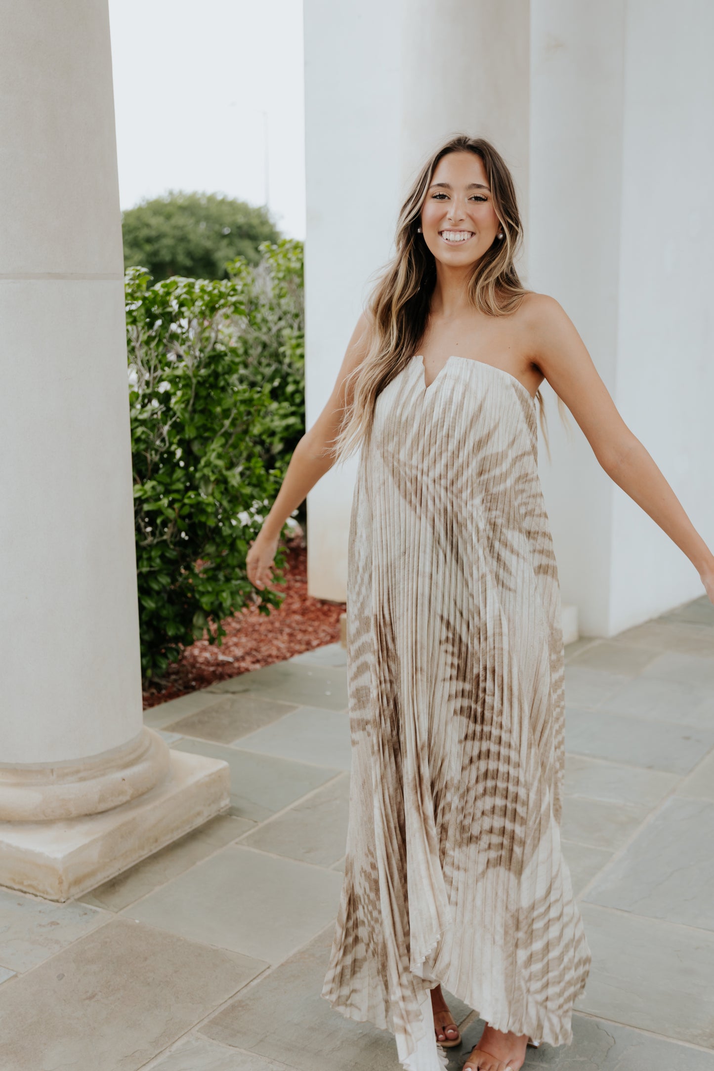 Sandstone Palm Pleated Strapless Dress
