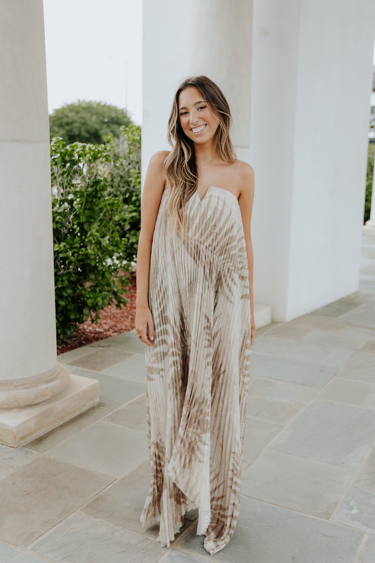 Sandstone Palm Pleated Strapless Dress