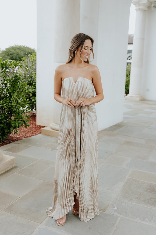 Sandstone Palm Pleated Strapless Dress
