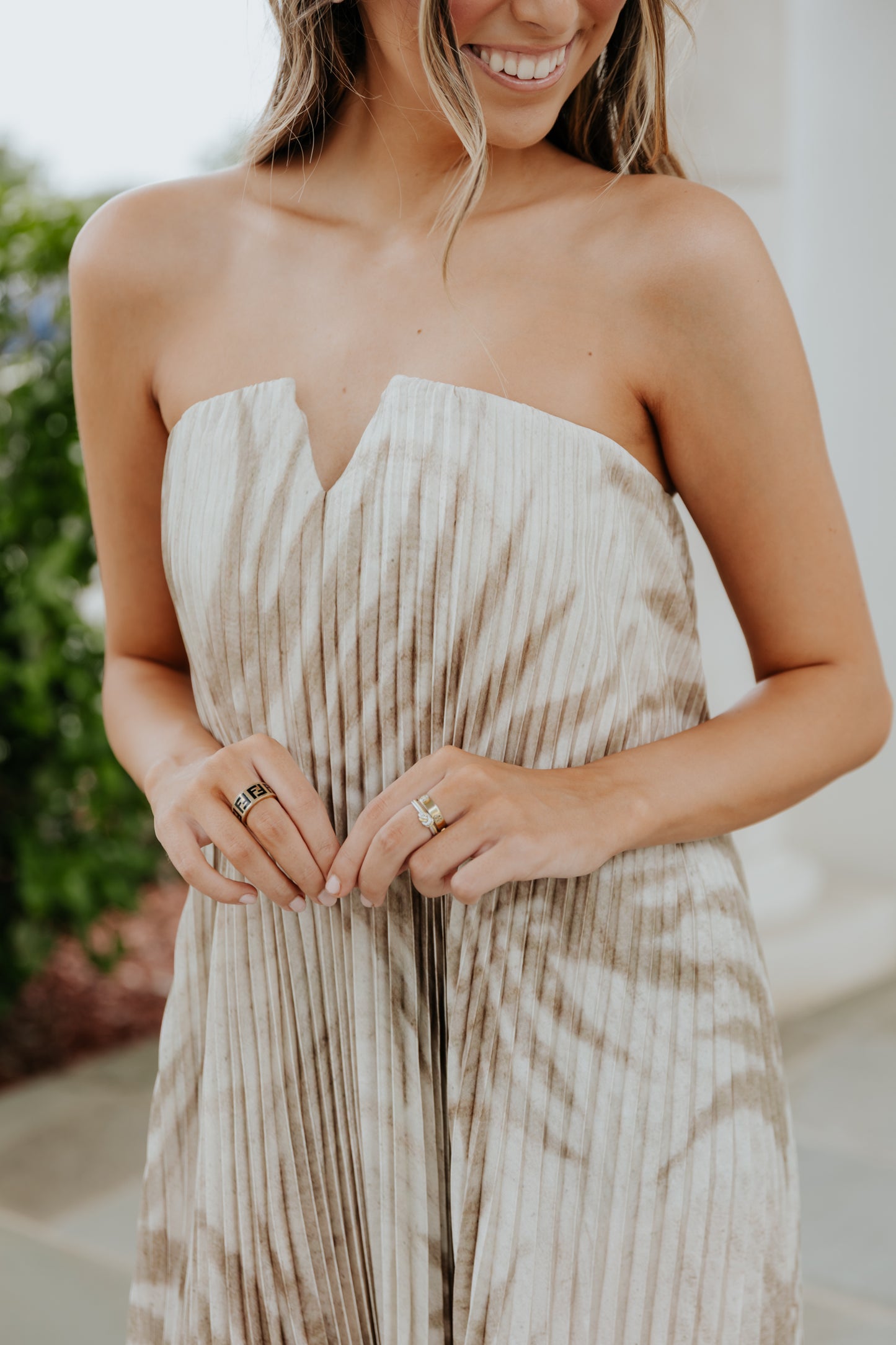 Sandstone Palm Pleated Strapless Dress
