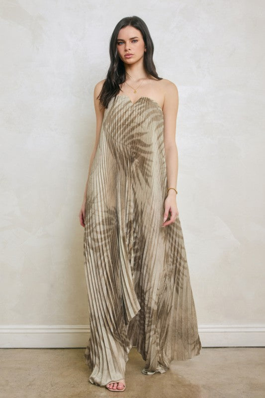 Sandstone Palm Pleated Strapless Dress