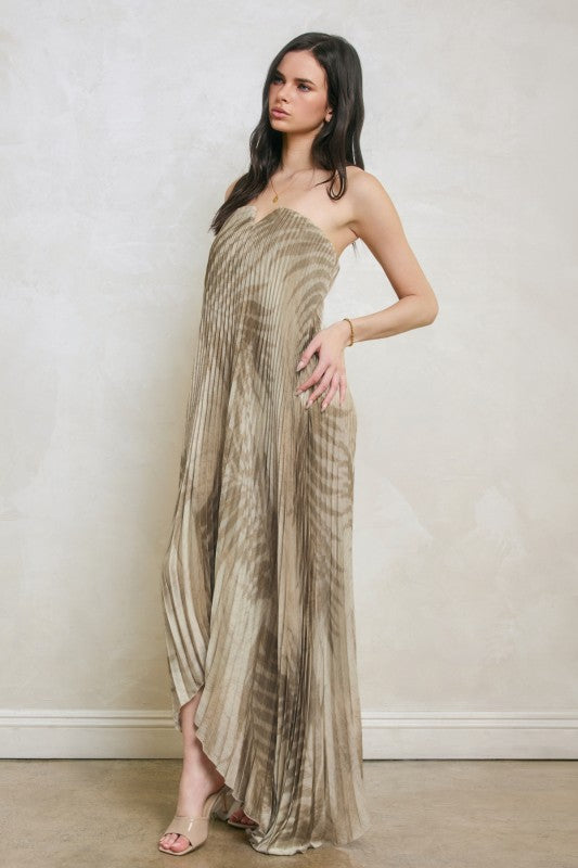Sandstone Palm Pleated Strapless Dress