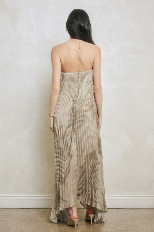 Sandstone Palm Pleated Strapless Dress