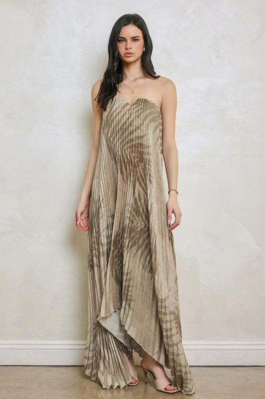 Sandstone Palm Pleated Strapless Dress