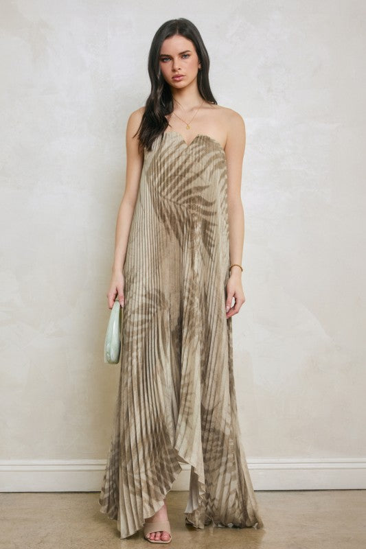 Sandstone Palm Pleated Strapless Dress